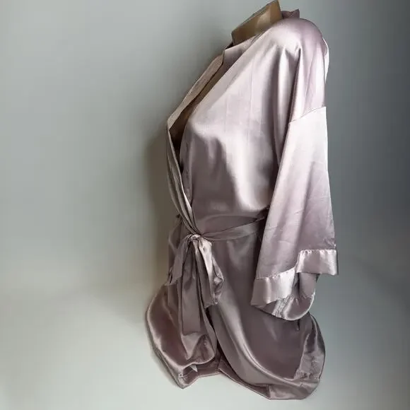 Victorias Secret Satin Robe 3/4 Sleeves XS /S Mid Thigh Length Pink Pockets READ - Picture 4 of 15